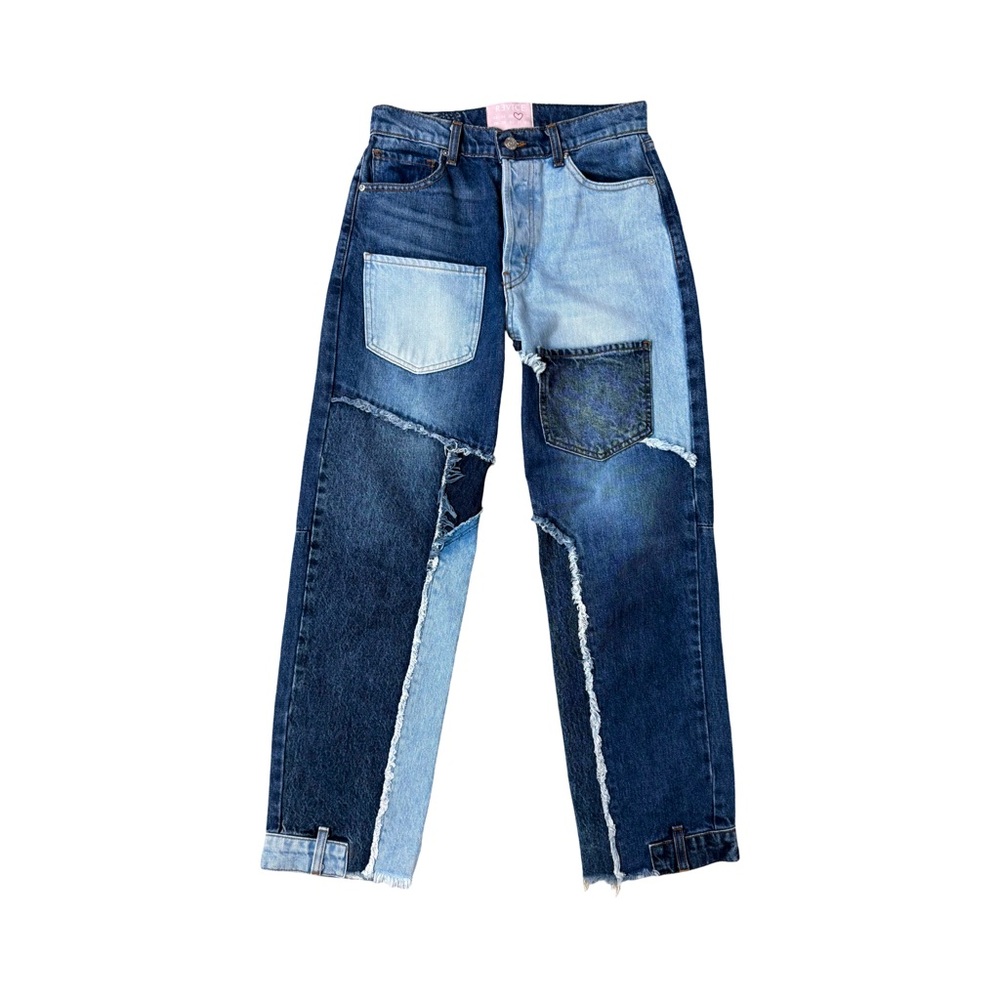 REVICE Matchmaker Love at
First Sight Blue Jeans Patchwork Crop Button Fly EUC - Picture 2 of 14